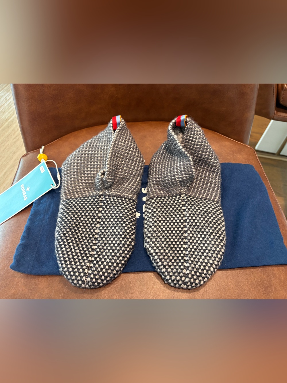 Bombas Navy and White Knit Gripper Slipper with Branded Tab